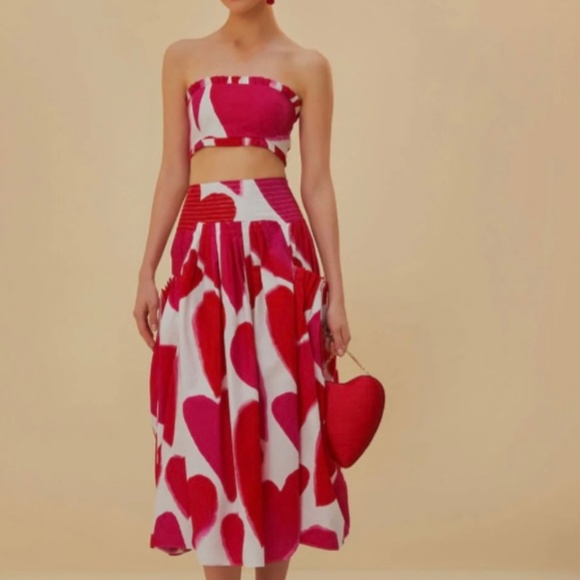 Farm Rio Off-White Painted Hearts Midi Skirt - Picture 1 of 8